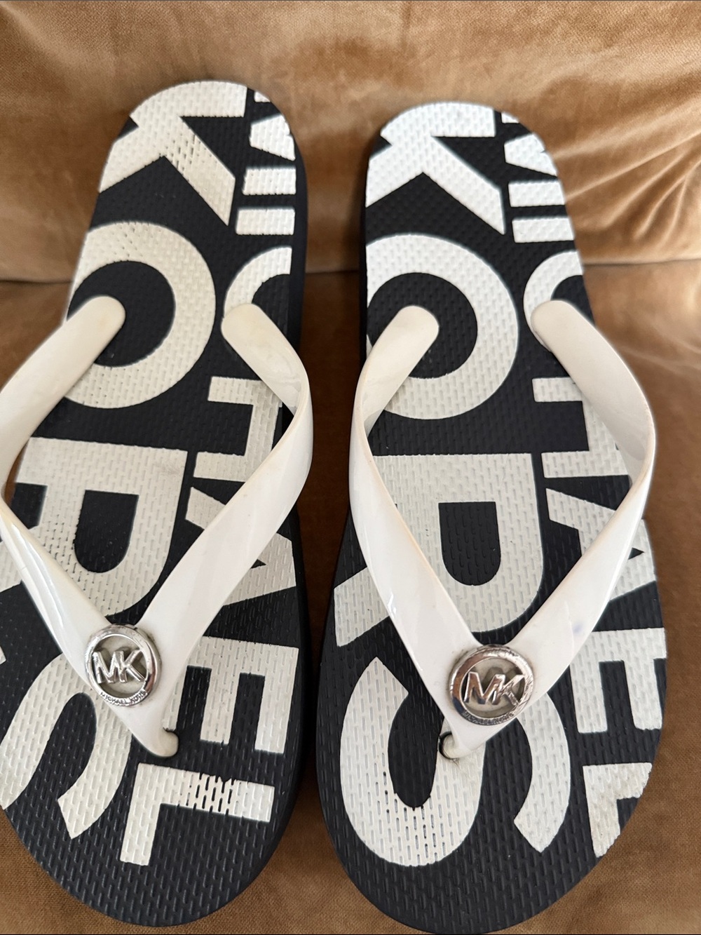 Michael Kors Black and White Logo Flip Flop Sandals with Silver MK Accent